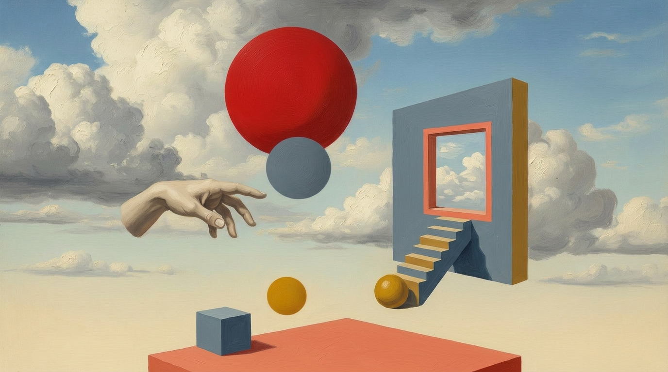 Painterly surrealist scene — abstract circles drifting among clouds